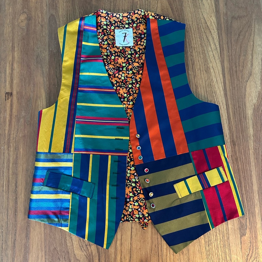 Todd Oldham Multi-Striped and Floral Satin Vest in Orange, Blue, Green, Red